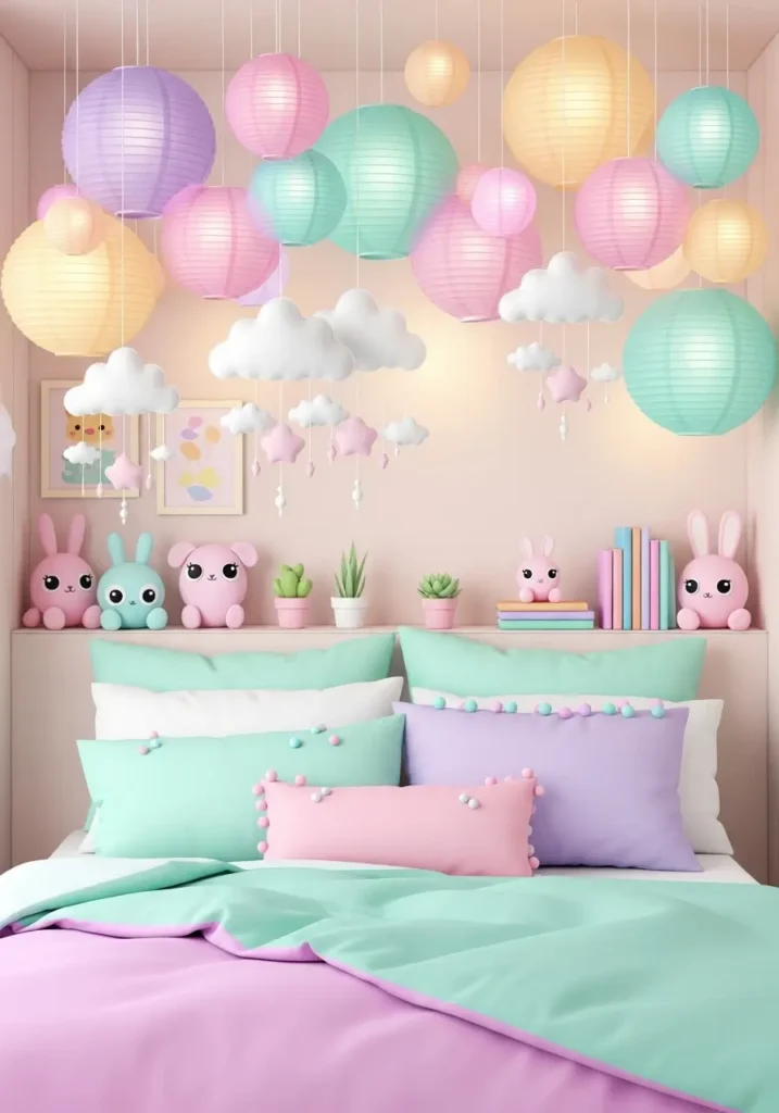 Pastel paper lanterns and cloud-shaped mobiles hanging from a bedroom ceiling. Soft ambient lighting with plush bedding, pastel walls, and small decor items below. Cozy, whimsical, cheerful kawaii vibe with playful textures.