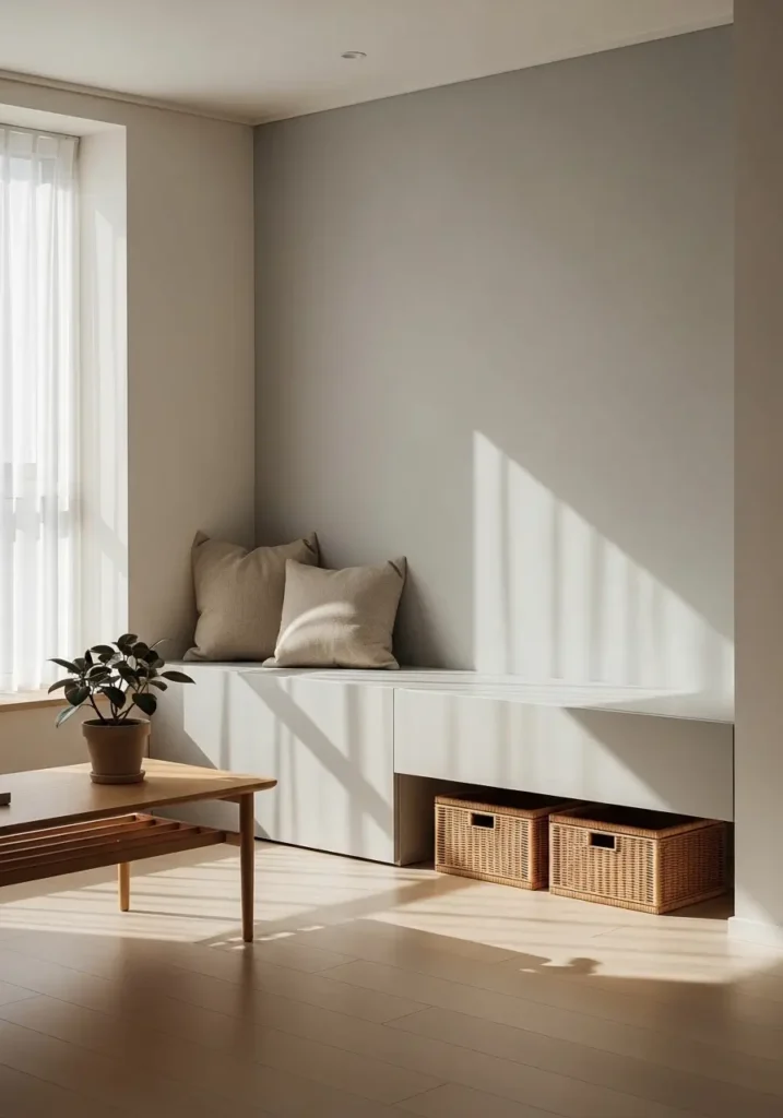 Minimalist living space featuring a hidden storage bench, clean, uncluttered surfaces, neutral tones, soft daylight entering the room, woven storage baskets tucked neatly, cozy, calm mood, realistic Pinterest-style interior photography with balanced composition and warm textures.

