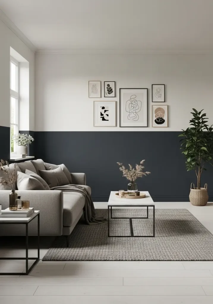 Modern dining area with two-tone painted walls in deep navy and warm ivory shades, a wooden dining table, soft pendant lighting casting a gentle glow, minimal decor accents, natural daylight balance, Pinterest-style interior photography capturing a cozy modern atmosphere.

