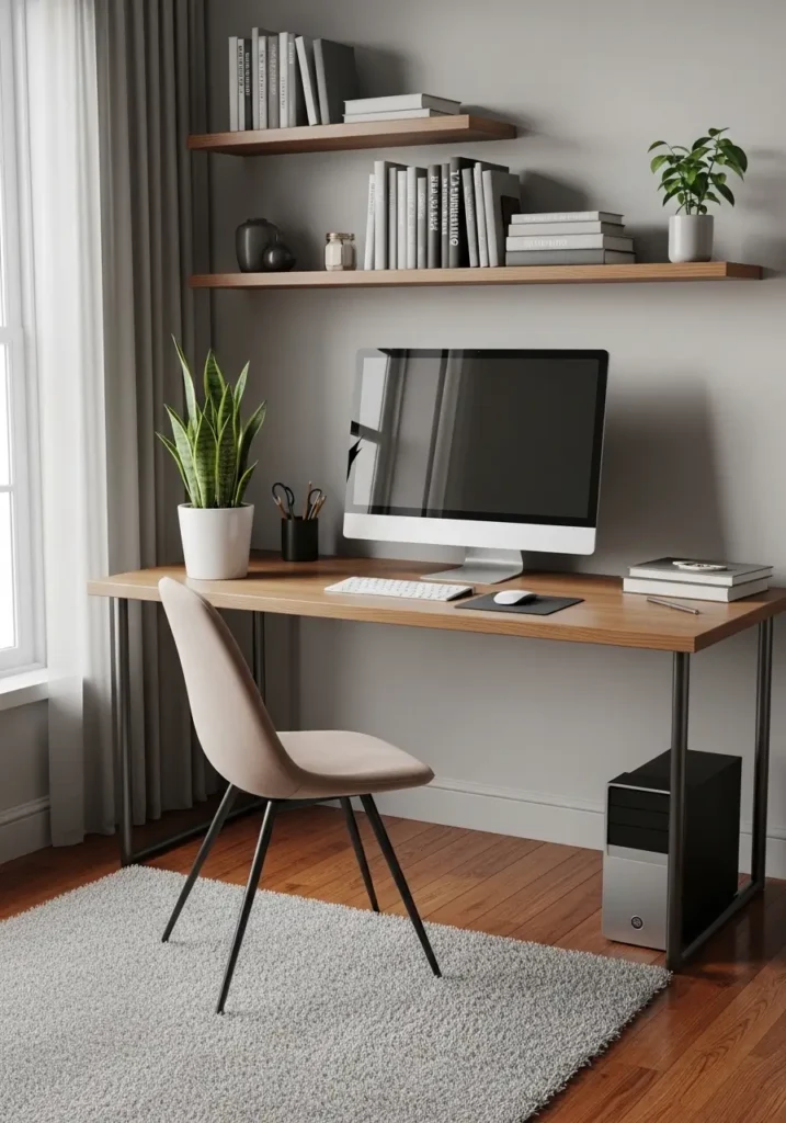 Clean home office with organized desk, tidy computer setup, dust-free shelves, neatly arranged books, fresh potted plant, vacuumed rug, polished floor, natural light from window, minimalist and cozy environment, inspiring and productive space perfect for remote work.