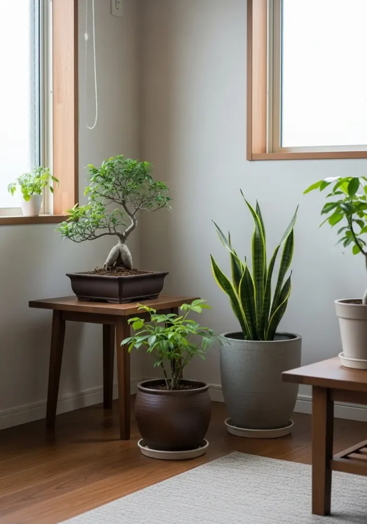 Minimal Japanese apartment with indoor plants, small bonsai and leafy greens in ceramic pots, placed near window, soft sunlight on leaves, neutral tones, wooden furniture, calm zen atmosphere, simple styling, peaceful and natural apartment decor.