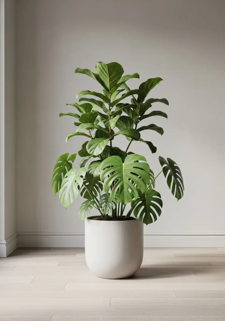 Minimalist living room corner with a single large indoor plant in a neutral ceramic pot, soft sunlight illuminating leaves, clean white wall background, wooden floor textures, Scandinavian decor style, airy, peaceful atmosphere, realistic Pinterest interior photography with balanced composition.

