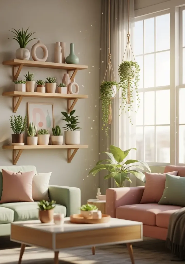Apartment with small indoor plants, hanging planters and potted succulents on shelves, soft pastel furniture in the background, sunlight streaming through windows, cozy and fresh aesthetic, playful girly vibes, natural textures and greenery, realistic 2D style, bright and inviting atmosphere.