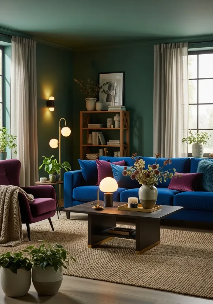 living room featuring a deep emerald accent wall, neutral fabric sofa with velvet cushions, warm golden lamp glow, textured area rug, indoor plants beside the window, soft daylight filtering through sheer curtains, cozy, feminine styling, layered decor details, realistic shadows, and a natural, warm atmosphere.