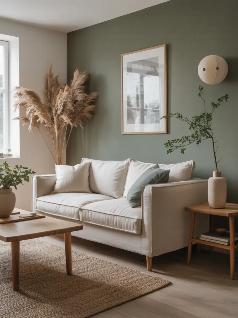 Japandi living space with muted sage accent wall, linen sofa, wooden side table, woven rug, soft daylight entering room, minimal styling, calm earthy palette, Pinterest-inspired interior photography showing peaceful balanced environment.

