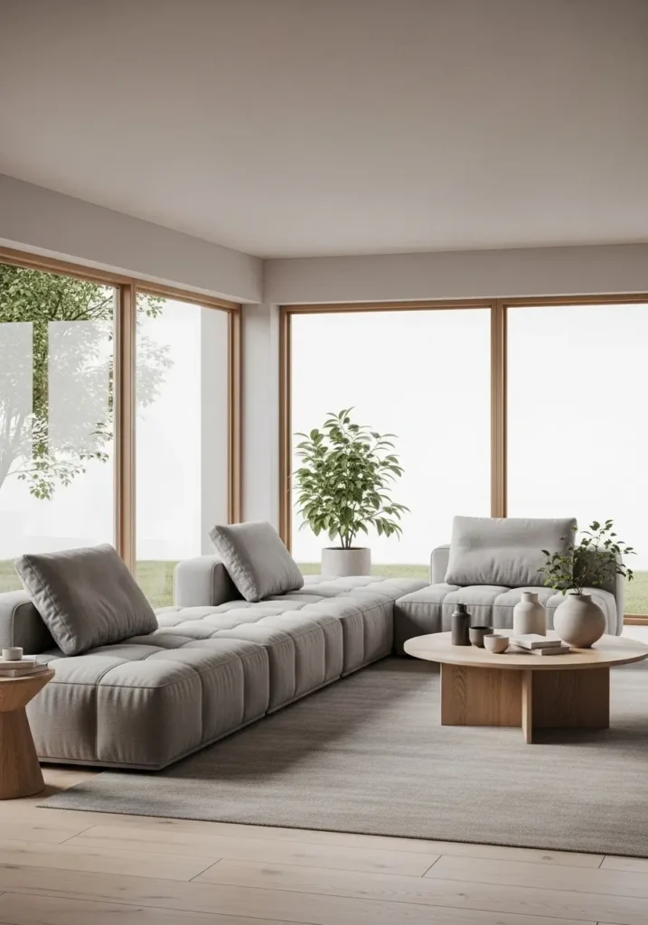 Japandi bedroom featuring low platform bed with linen bedding, light wood flooring, soft sunlight filtering through paper curtains, minimal decor, neutral tones, natural textures, warm ambient lighting, Pinterest-style interior photography emphasizing calm grounded atmosphere.

