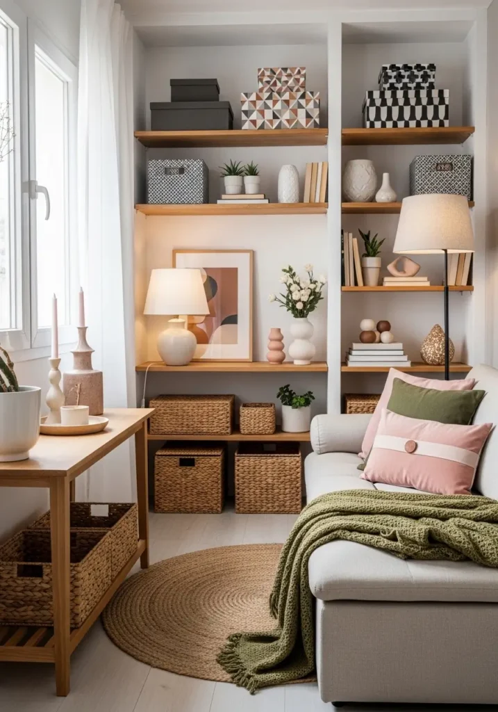 A small apartment with visible stylish storage, woven baskets, open shelving, decorative boxes, modern eclectic decor, warm neutral colors, soft lighting, an organized but cozy room feeling, feminine apartment styling, realistic interior with beautiful function

