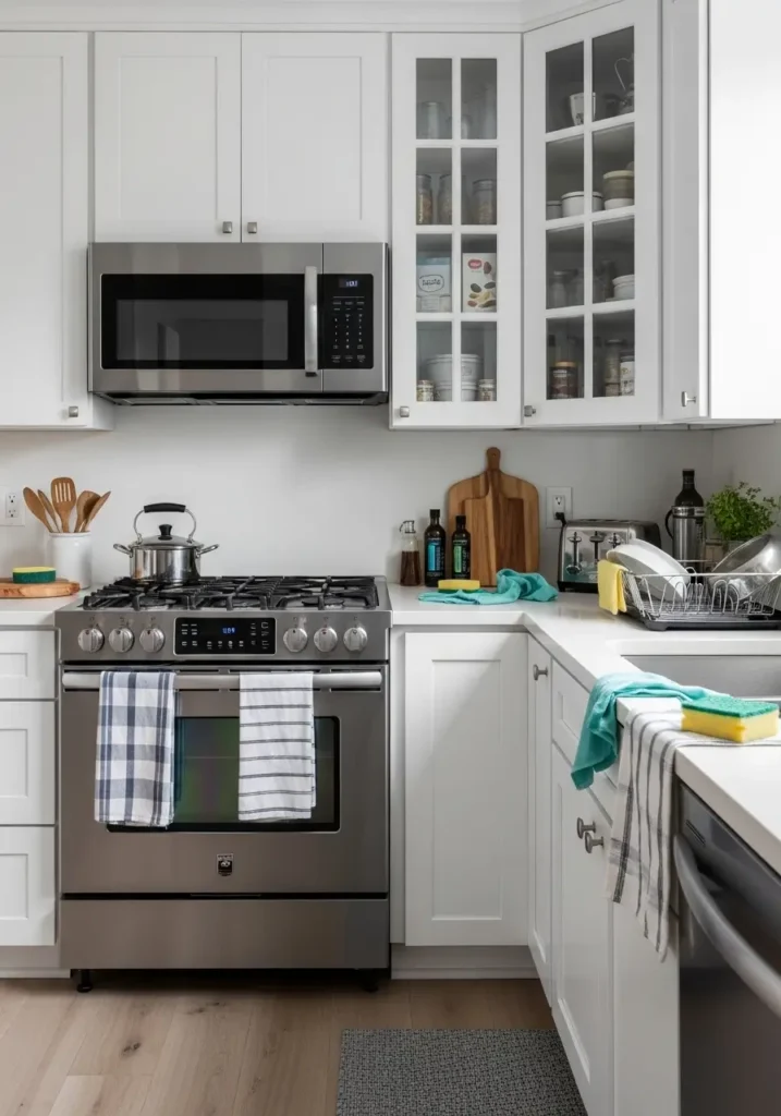 Bright and tidy kitchen with sparkling countertops, organized pantry shelves, clean stove and sink, mop and bucket nearby, sunlight reflecting off polished surfaces, fresh herbs on the windowsill, minimal clutter, modern design with warm and cozy vibe, inviting and functional space.