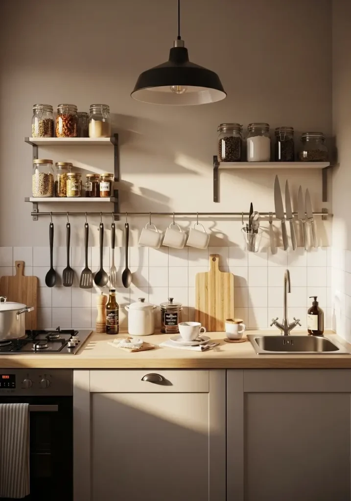 Tiny apartment kitchen with wall mounted rail system, hanging utensils, mugs, small shelves for jars, white tile backsplash, pale wood counters, clean minimal cozy style, warm natural light, realistic apartment kitchen photography.