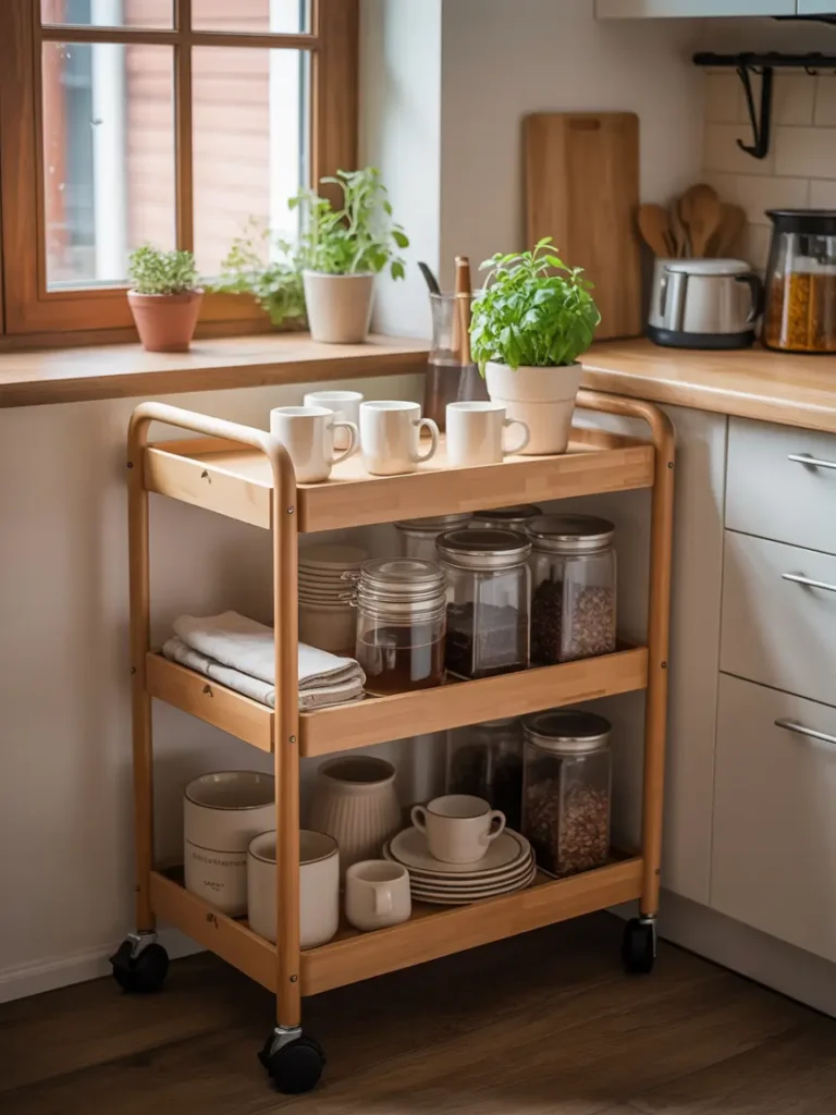 Tiny apartment kitchen with slim kitchen cart styled with mugs, glass jars, folded napkins, fruit bowl, and small plant, warm morning light, realistic renter friendly interior, cozy feminine decor, polished and practical small space styling, neutral palette, charming coffee station feel, airy compact kitchen, elegant but simple storage detail making the rental feel organized, warm, and inviting