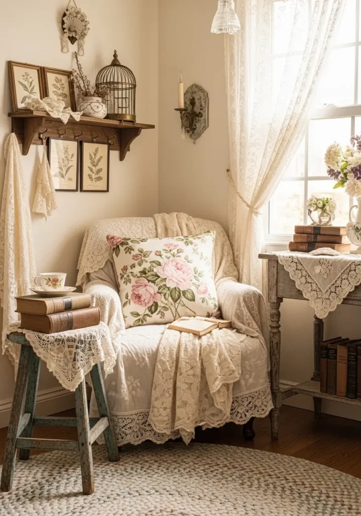 Vintage cottage inspired apartment living room with lace details, cozy armchair corner, soft blankets, floral pillow, warm cream tones, old wood stool, romantic feminine decor, tiny apartment charm, gentle natural light, nostalgic styling, delicate textures, collected vintage feel, peaceful reading nook, soft layered room design with inviting and homey atmosphere