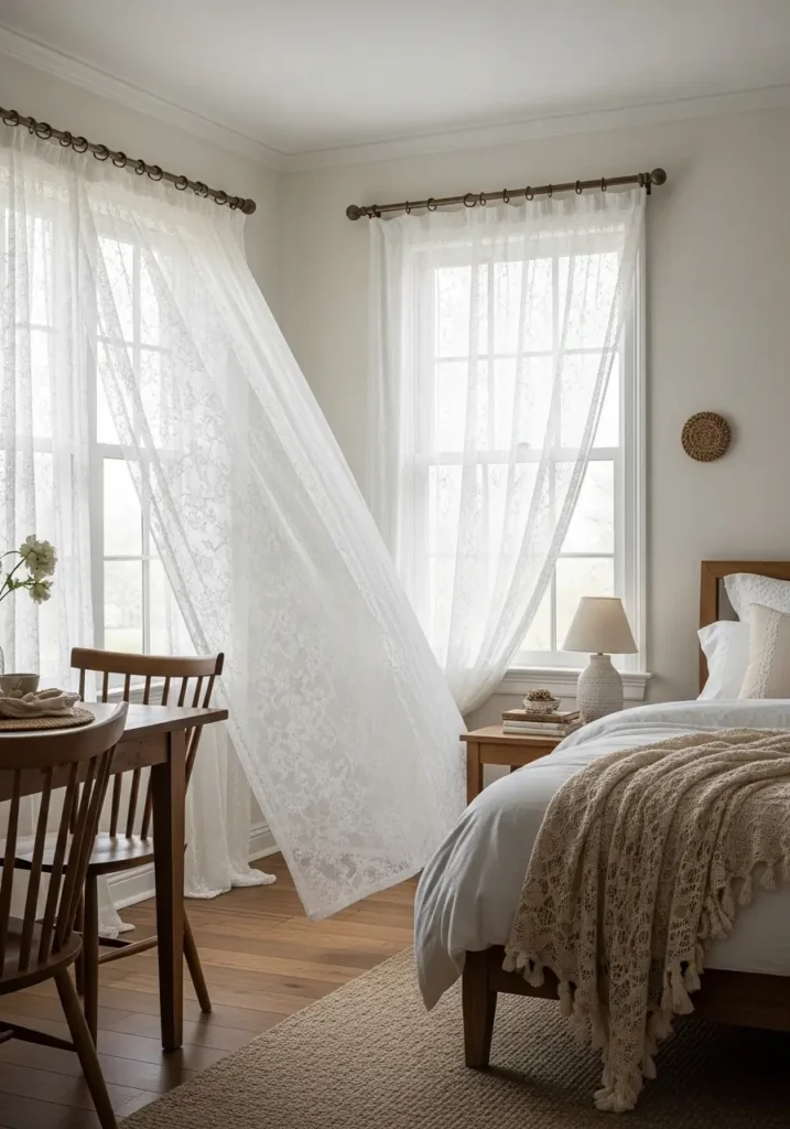 Minimal cottagecore bedroom window with soft white lace curtains moving gently in breeze, pale walls, wooden floor, tiny bedside plant, golden afternoon light filtering through fabric, clean styling, airy feminine room, natural textures, calm elegant mood, uncluttered peaceful interior, realistic shadows, subtle vintage charm.