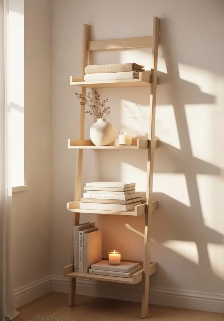 Tiny apartment corner with slim leaning ladder shelf, folded linens, books, ceramic vase, candle, pale wood finish, white walls, warm sunlight, clean minimal feminine styling, cozy uncluttered room mood, realistic interior photography with airy feeling.