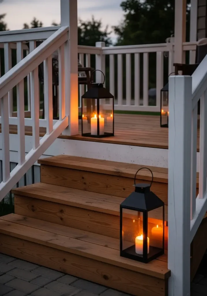 Minimal rustic porch steps with black metal lanterns holding warm candles, white railings, natural wood steps, evening glow, simple country styling, clean tidy layout, cozy welcoming home exterior, realistic lighting, soft sunset atmosphere, charming curb appeal scene.