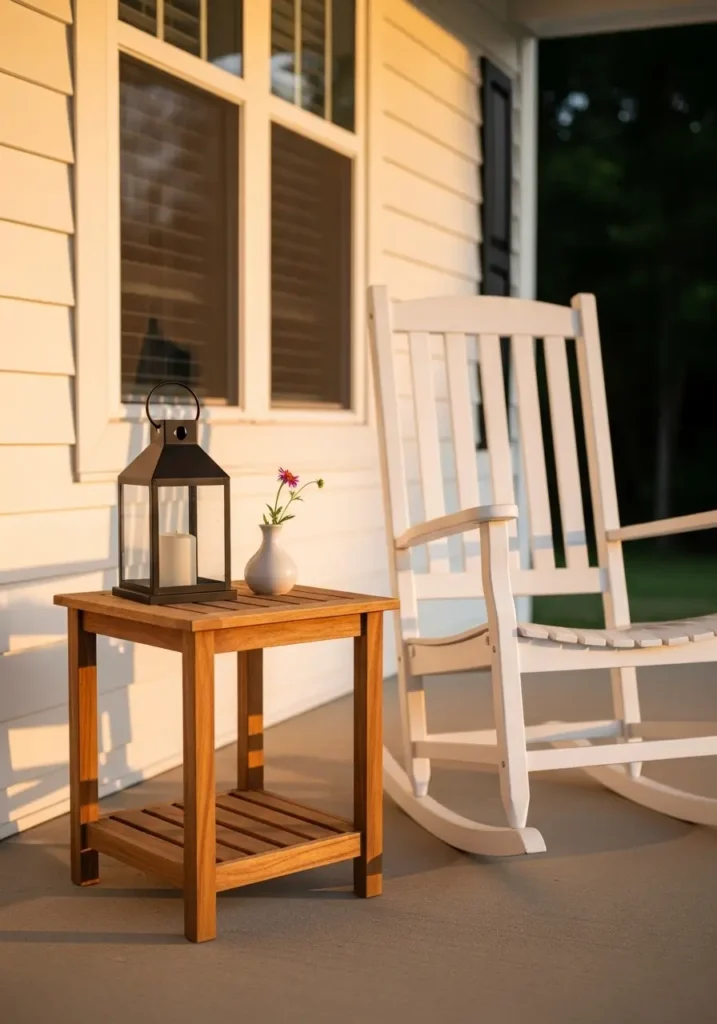 Minimal country porch with small wooden side table, black lantern, tiny flower vase, white rocking chair nearby, warm sunset light, farmhouse styling, clean cozy layout, realistic welcoming curb appeal photo.