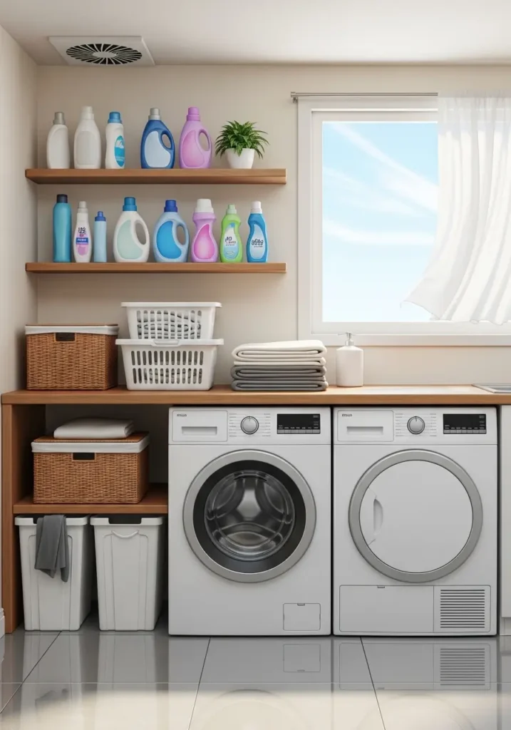 Bright, organized laundry area with clean washer and dryer, folded laundry baskets, detergent neatly arranged on shelves, polished floor, ventilated space, soft natural light, tidy and functional setup, cozy and practical environment for efficient laundry routines.