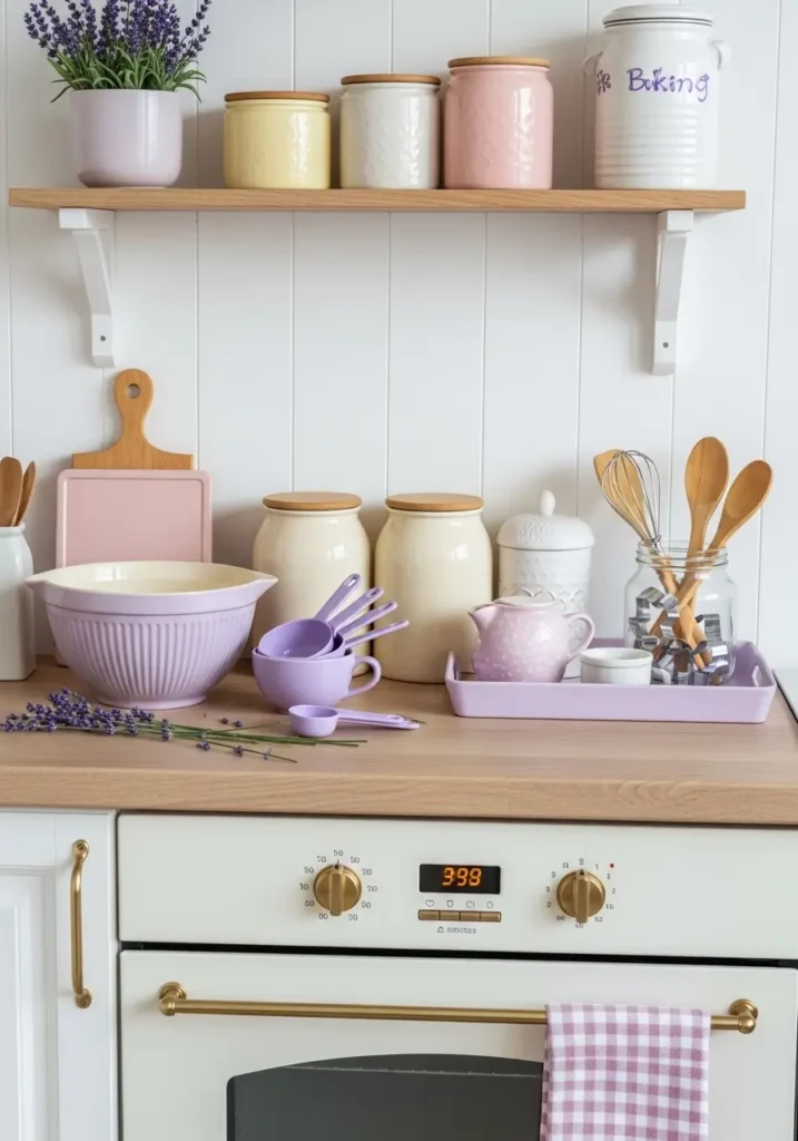 Minimal kawaii kitchen baking zone with lavender mixing bowl, pastel measuring cups, cream jars, soft white counter, tidy shelves, gentle daylight, feminine cozy styling, sweet pastel decor with calm baking corner and dreamy home kitchen feeling.