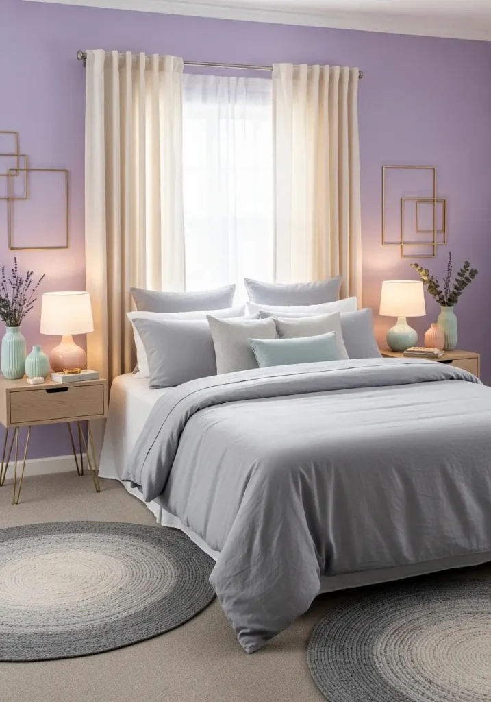 Bedroom with lavender accent wall, soft gray bedding, cream curtains, cozy textured rugs, bedside table with pastel lamps and vases, and subtle gold decorative accents creating a calming and elegant pastel retreat.