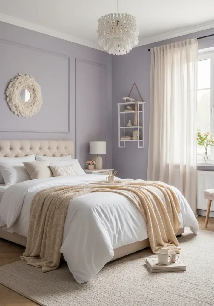 Elegant bedroom styled with lavender gray walls, warm white bedding layers, soft linen curtains, plush rug, minimal decor styling, natural daylight softly illuminating textures, and Pinterest-style interior photography showing a peaceful, feminine atmosphere.

