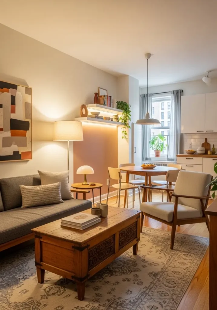 A small apartment interior blending vintage wooden furniture with modern minimalist decor, featuring a sleek sofa paired with an antique coffee table, warm tones, subtle lighting, balanced styling, modern eclectic look, cozy urban apartment setting with character and charm

