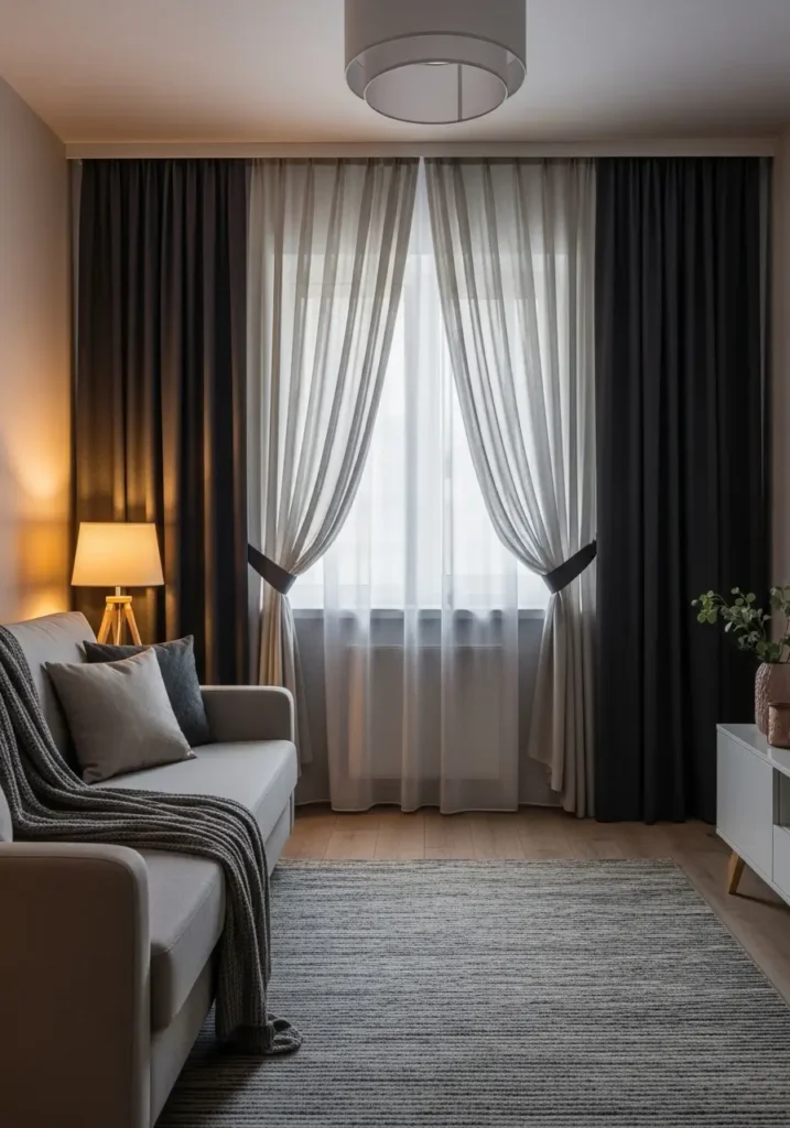 Apartment living room window with layered sheer and dark curtains, soft sofa, warm lamp, textured rug, clean modern renter decor, tidy room styling, cozy feminine whimsigoth mood, elegant rich tones, subtle mystical atmosphere, polished apartment interior with calm lighting and balanced minimal design.