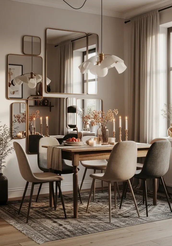 Modern eclectic apartment dining room with layered mirrors on wall, warm light bouncing across the space, vintage wood table, mixed dining chairs, soft curtains, cozy feminine decor, realistic editorial apartment interior, collected styling, elegant modern and vintage blend, textured rug, candles, artful details, warm neutral and earthy palette, inviting urban dining corner with depth, reflection, charm, and soft natural daylight


