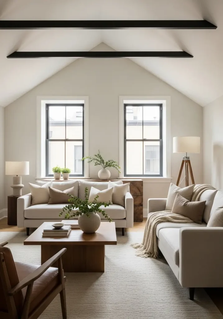 Layered neutral luxe focuses on subtle tones and rich textures to create a calm yet elevated living space. Shades like cream, oat, and mushroom blend together to form a soft, cohesive palette that feels both modern and timeless. These tones reflect light beautifully, keeping the loft bright while adding depth through variation. Natural materials like wood, linen, and wool bring warmth and prevent the design from feeling flat.

