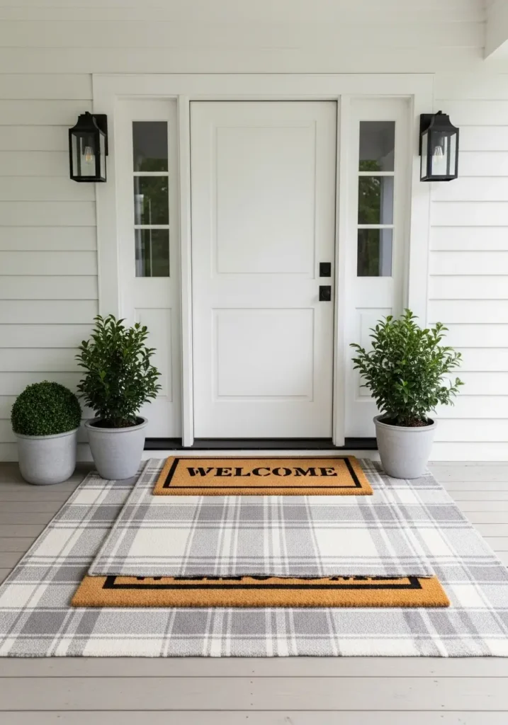 Minimal farmhouse porch with double layered doormat styling, large neutral plaid rug under small coir welcome mat, white front door, black lantern sconces, potted greenery, clean lines, neat country entrance, soft natural lighting, realistic textures, calm inviting curb appeal photo.