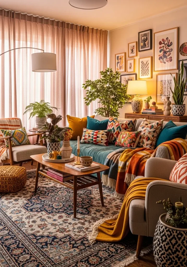 A cozy small apartment with modern eclectic decor where textiles carry the color story, including vibrant pillows, layered throw blankets, patterned rug, soft curtains, warm lighting, feminine and stylish mood, detailed texture rich interior with inviting atmosphere

