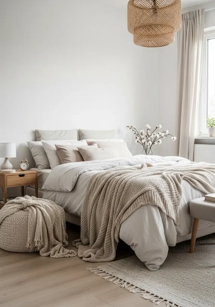 Minimal bedroom with light bedding layers, soft neutral tones, cozy feminine styling, clean layout, soft textures like linen and cotton, modern minimal living, calm relaxing environment, airy atmosphere, warm lighting and simple decor

