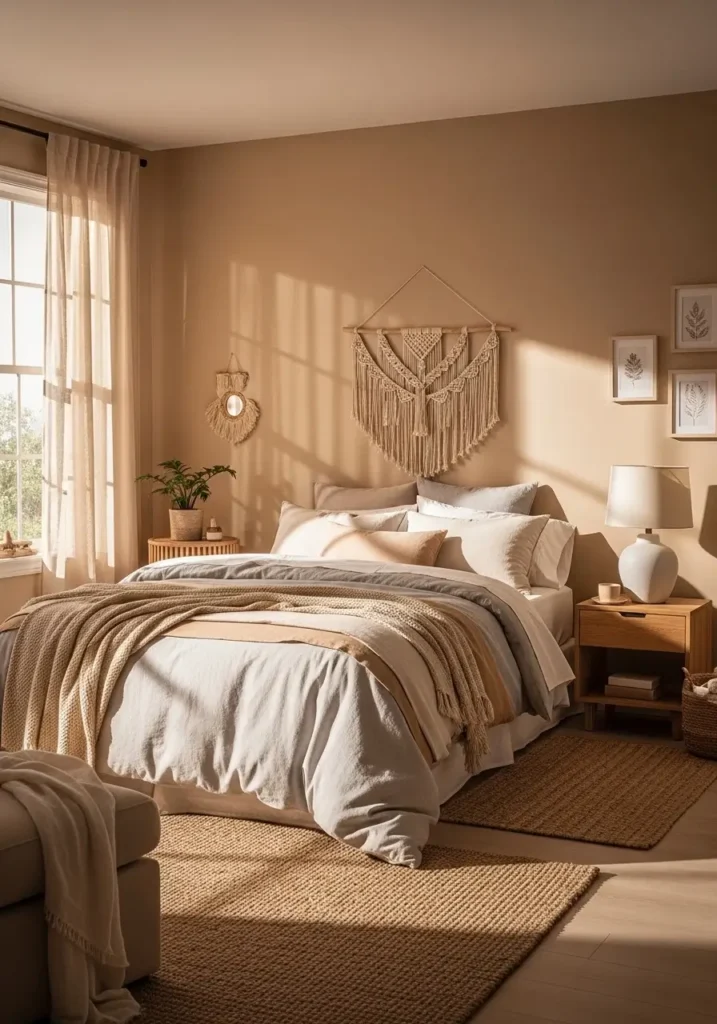 bedroom with sand-beige walls, cozy layered bedding, natural textures, warm sunlight filtering through curtains, minimalist decor styling, peaceful retreat atmosphere, realistic photography with soft, calming tones.