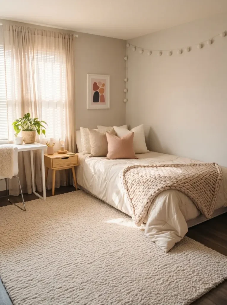 Minimal college apartment bedroom with light sheer curtains, soft sunlight filtering through window, neutral tones, clean decor, cozy feminine style, uncluttered space, gentle natural light, airy and fresh atmosphere, simple furniture, calm and peaceful vibe

