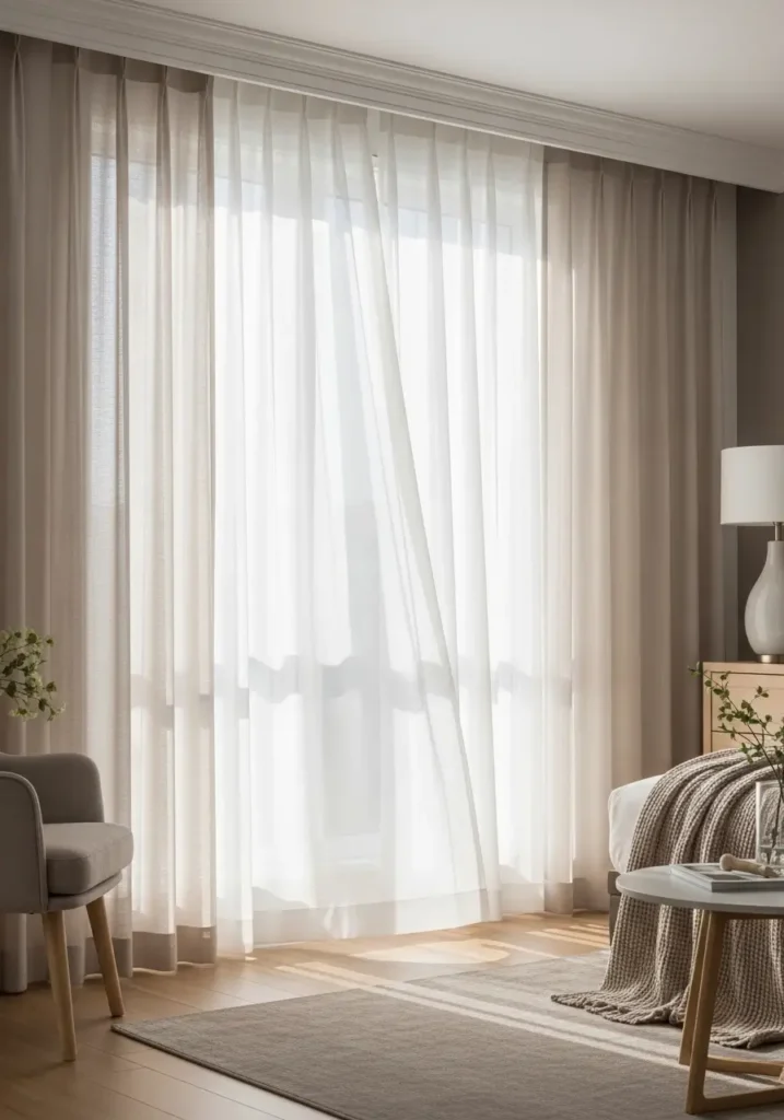 Japanese apartment with sheer white curtains, soft sunlight filtering through fabric, airy room, neutral tones, low furniture, minimal decor, calm, zen-inspired interior, gentle lighting, peaceful and bright small apartment styling.