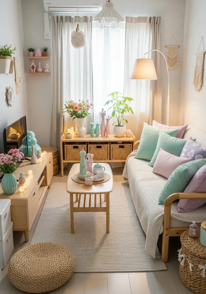 small kawaii living room with light wood furniture, pastel decor, clean minimal layout, soft lighting, cozy feminine aesthetic, natural textures, simple styling