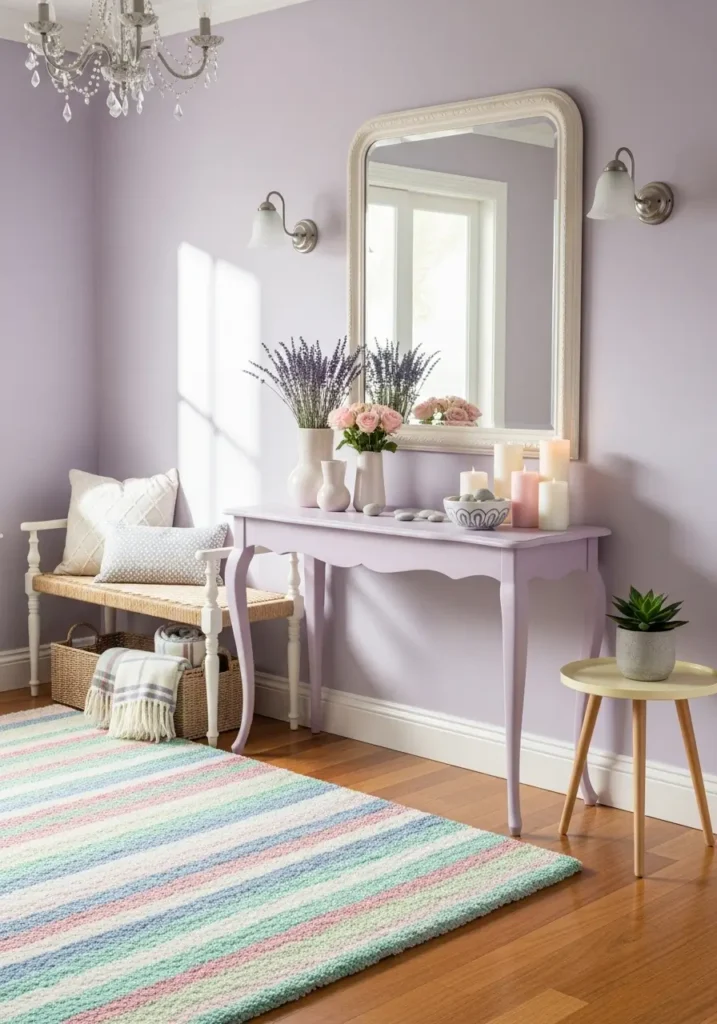 Entryway with soft lilac walls, pastel console table, light wooden bench, pastel rug, vases and candles in complementary pastel shades, wall mirror reflecting natural light, and layered lighting, giving a warm and welcoming pastel charm.