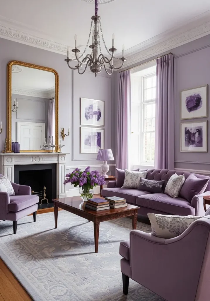 Living room with lilac sofa and cushions, light wooden and white furniture, neutral rug, pastel vases and candles, textured throws, subtle metallic accents, and green plants, creating an elegant, feminine, and airy pastel living room.