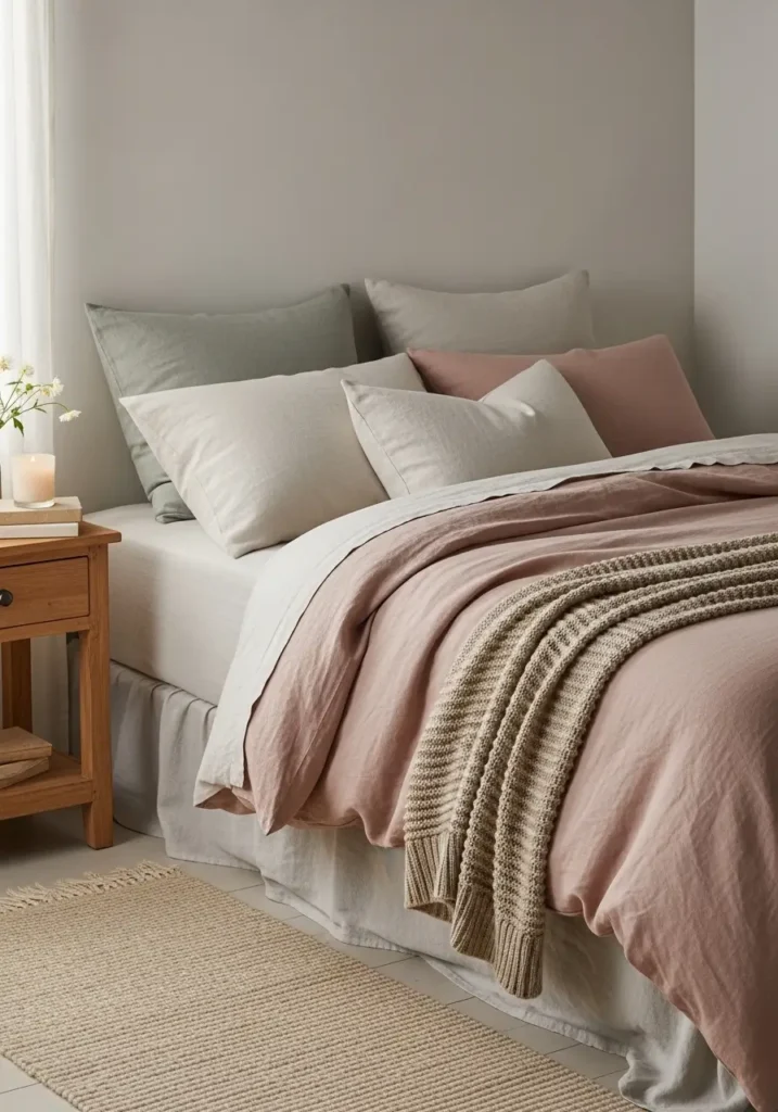 Clean minimal cottagecore bedroom with soft ivory linen bedding layered neatly on a simple wooden bed, light cream walls, morning sunlight through sheer curtains, tiny wildflower vase on bedside table, woven basket on oak floor, airy calm mood, natural textures, muted tones, tidy feminine styling, peaceful countryside feeling, realistic details, warm soft shadows, uncluttered elegant space.
