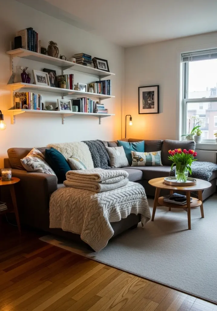 Cozy apartment living room with modern furniture, soft lighting, neatly arranged throw blankets and pillows, dusted shelves, clean carpet, polished wooden floor, and fresh flowers on a small coffee table, warm natural light streaming through the window, peaceful and inviting atmosphere.