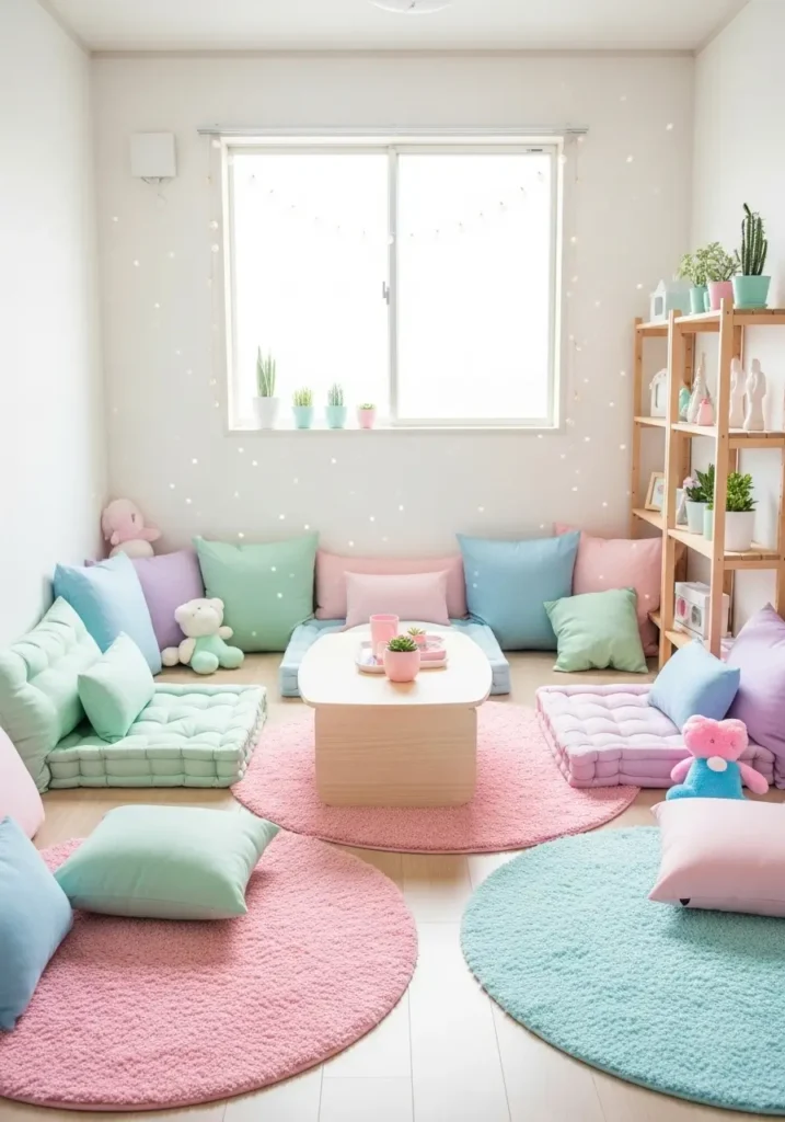 small kawaii living room with low floor seating, soft cushions, pastel rugs, minimal furniture, clean layout, cozy feminine aesthetic, natural light, simple and open space
