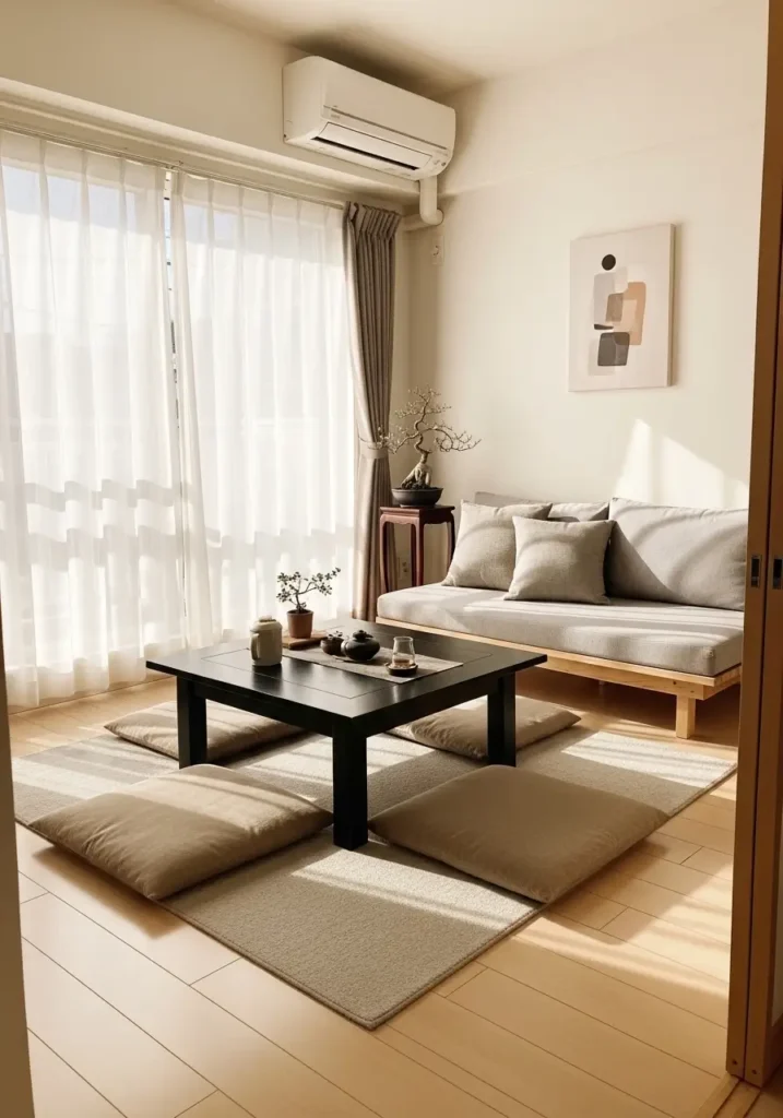 Japanese apartment living room with low wooden table, floor cushions, platform sofa, soft neutral colors, warm natural light, clean open floor, minimal decor, cozy zen-inspired mood, small space styling, peaceful modern apartment atmosphere.