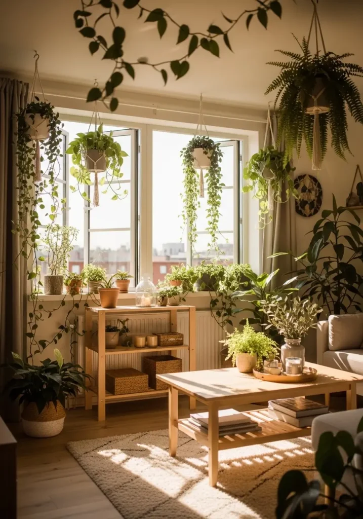 Cozy loft apartment with hanging plants, potted greenery, fern leaves, open windows, warm light streaming in, botanical vibe, soft natural light, plants cascading, light wooden furniture, calm, inviting space, feminine and natural atmosphere, airy feeling, city loft with peaceful plant-filled corners.
