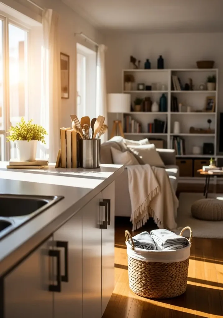 Busy apartment with clean countertops, organized spaces, folded laundry in basket, sunlight highlighting tidy areas, warm and maintained living space.