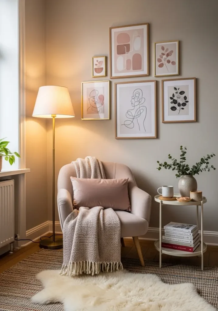 A small apartment corner styled intentionally with a chair, lamp, books, art, and plant, modern eclectic decor, cozy feminine vibe, warm lighting, layered textures, inviting little nook, realistic interior design with thoughtful styling and soft tones

