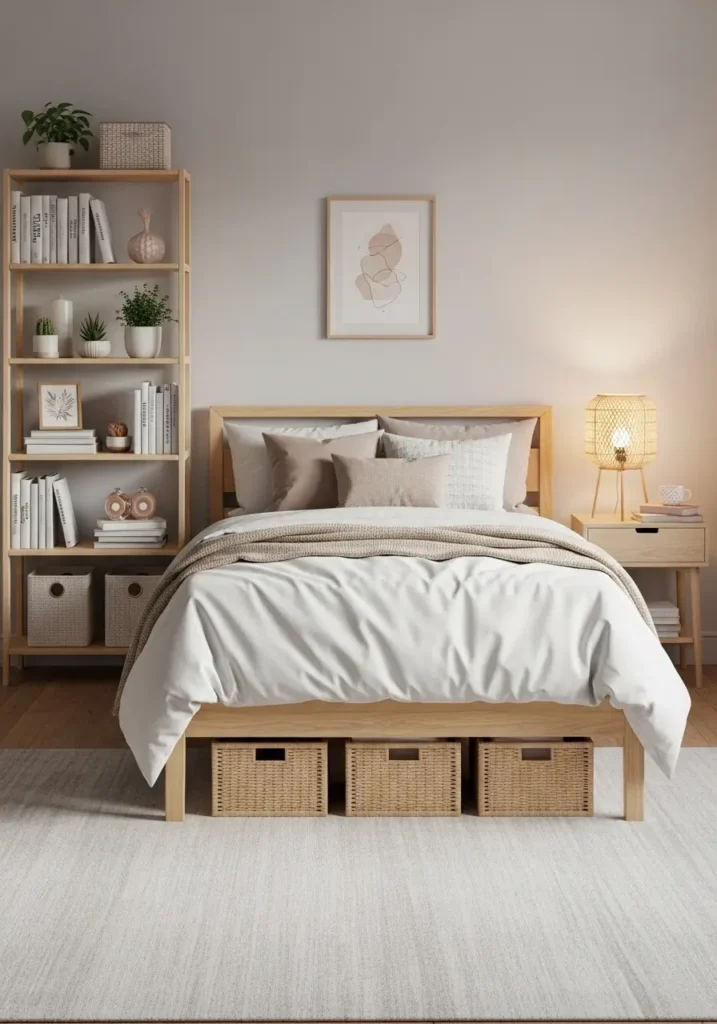 stylish college apartment bedroom with matching woven storage baskets, neutral bedding, tidy shelves, soft rug, warm lamp, light wood furniture, feminine cozy decor, realistic organized bedroom scene, calm and pretty room styling, functional student apartment storage idea