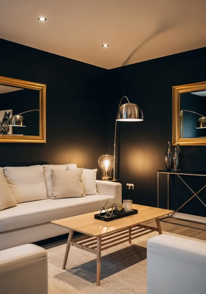 Chic living room with matte black feature wall, cream sofa, brass floor lamp casting warm ambient glow, textured cushions, neutral rug, indoor plant accents, evening lighting mood, minimalist, feminine styling, realistic Pinterest interior photography with cozy, dramatic ambiance.

