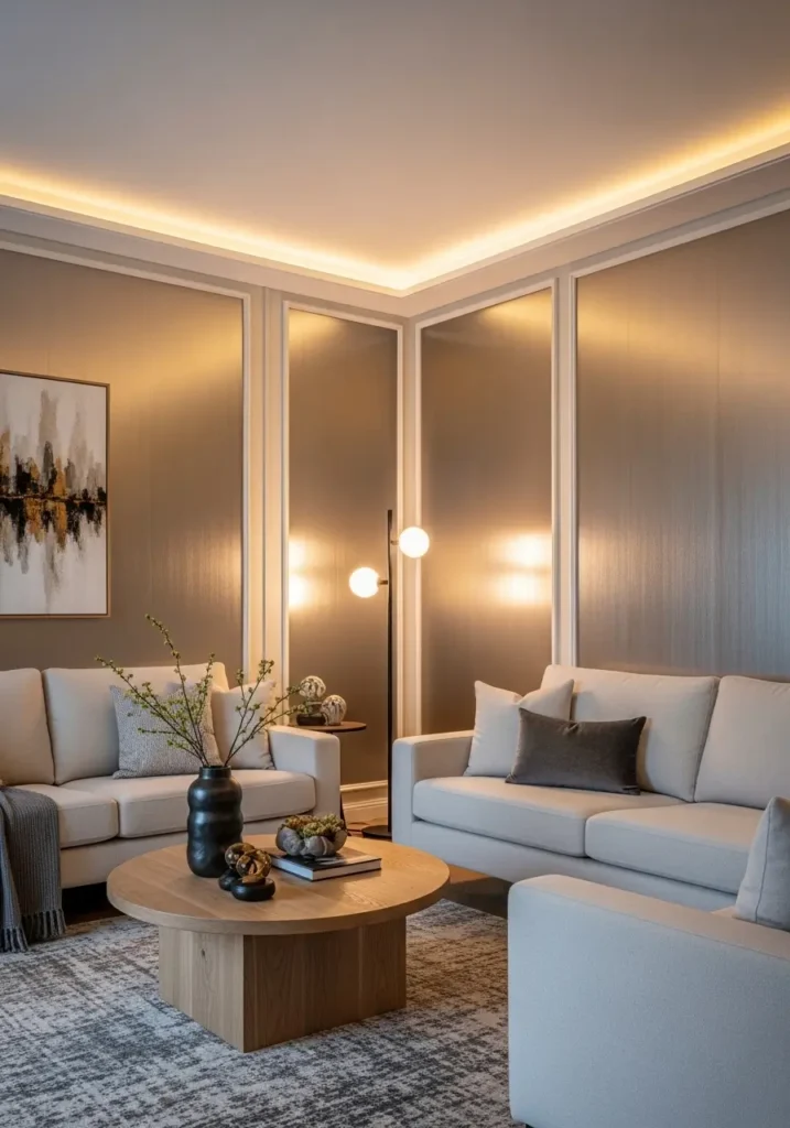 Elegant bedroom with metallic accent wall panels reflecting warm bedside lighting, upholstered bed with layered blankets, neutral color palette, textured cushions, soft evening glow, refined feminine styling, Pinterest-style interior photography showing luxurious yet cozy environment.

