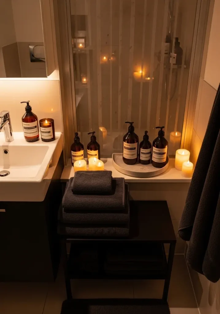 Apartment bathroom with dark towels, candlelight, small moon tray, amber bottles, soft shower curtain, clean renter bathroom styling, tidy modern layout, feminine whimsigoth decor, elegant rich tones, cozy spa atmosphere, polished minimal scene with warm lighting.