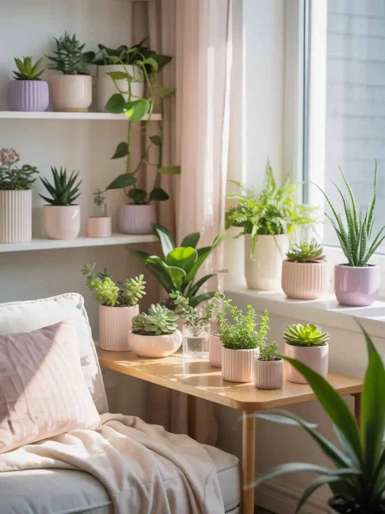 small living room with mini indoor plants, pastel pots, natural light, clean decor, cozy feminine vibe, minimal arrangement, fresh green accents