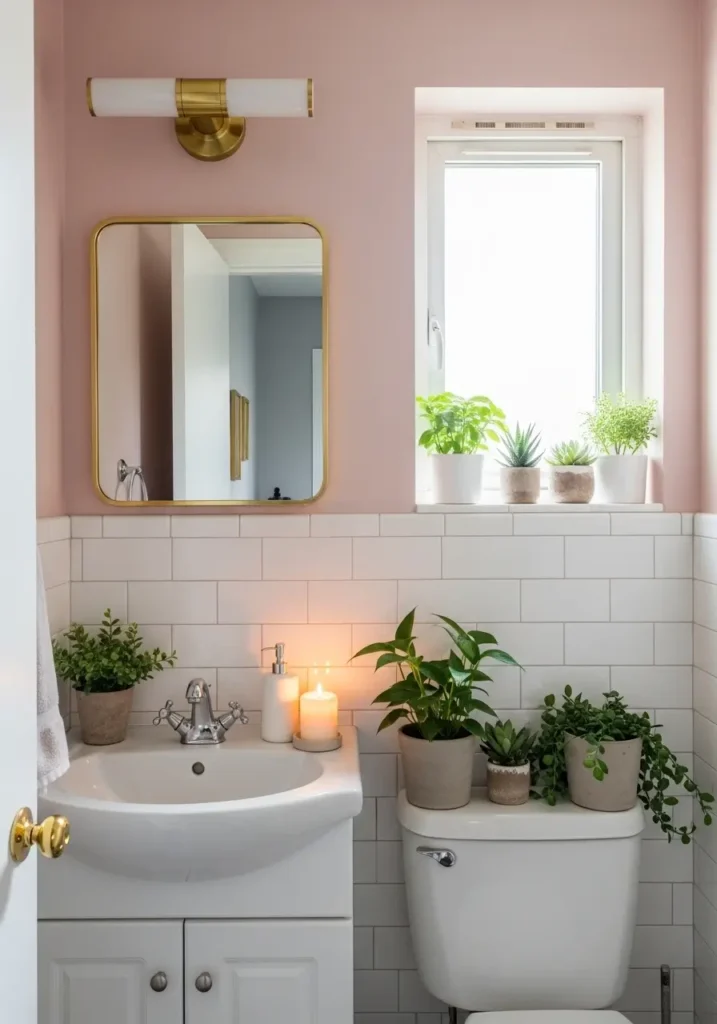 Small girly bathroom with mini plants on shelf and vanity, soft blush decor, white tiles, gold mirror, candles, airy natural light, fresh feminine apartment styling, compact realistic layout, tidy and charming room mood, photo realistic interior with green touches adding softness and life to a tiny bathroom