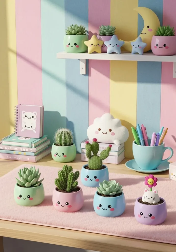 Small pastel-colored pots with succulents and cacti on a kawaii-themed desk and wall shelf. Soft lighting highlights pastel walls, plush toys, and cozy room accessories. Playful, cheerful, and natural vibe creating an inviting kawaii atmosphere.
